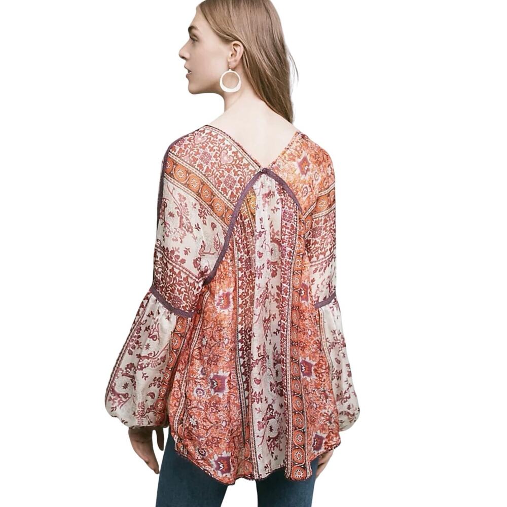 ANTHROPOLOGIE MAEVE Women’s Boho Latona Silk Peasant Printed Top - Picture 2 of 6
